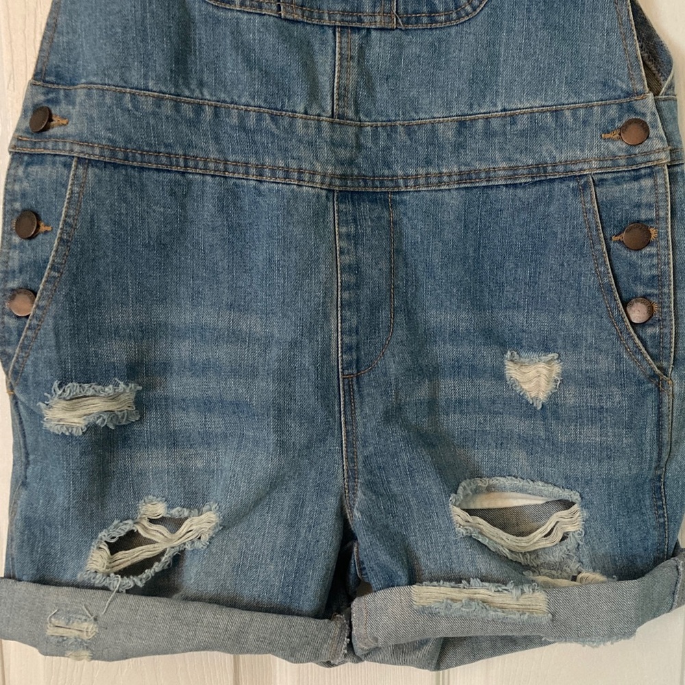 Denim Short Overalls - Blue Distressed Women's Jeans - Picture 3 of 11